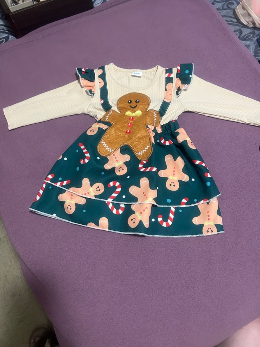 Gingerbread Applique Green & Cream Girls' Holiday Dress